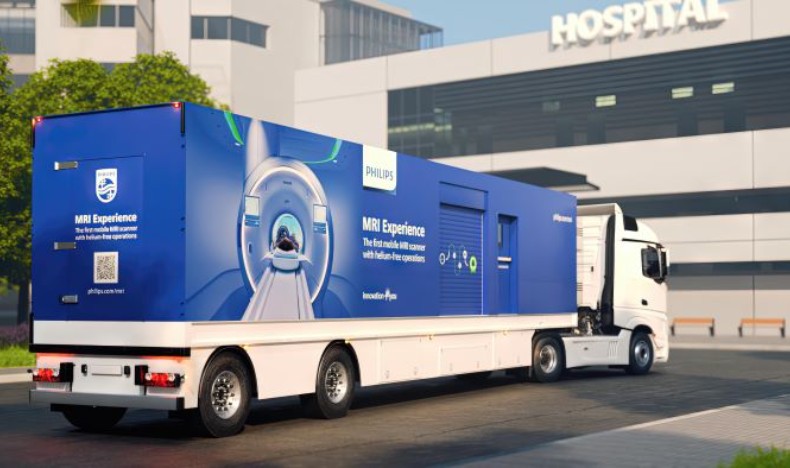 A blue truck carries a mobile MRI to increase healthcare access and offer better care for more people.